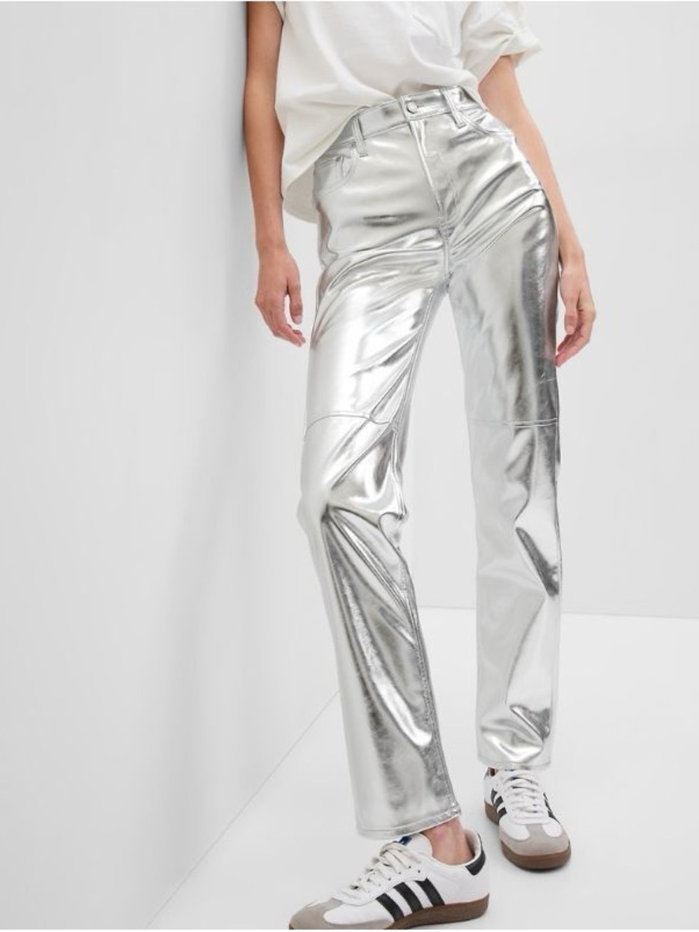 GAP High Rise Vegan Leather Cheeky Straight Pants Metallic Silver Size 14R